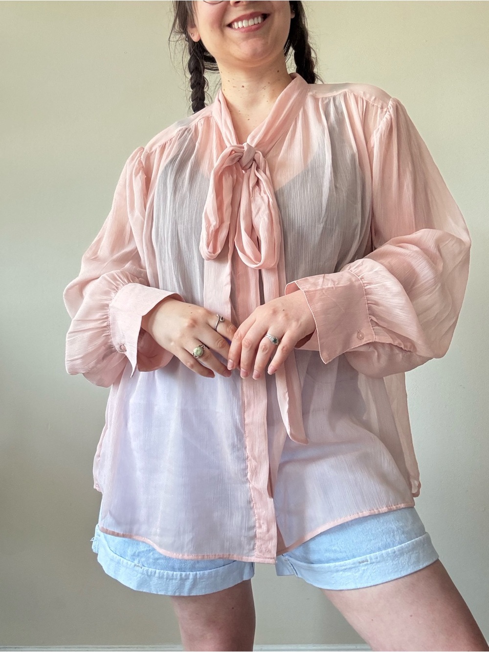 NWT Old Navy Pink Tie-Neck Long-Sleeve Blouse - Picture 3 of 9
